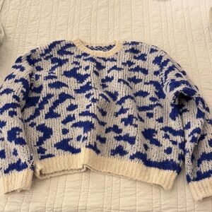 Mother Animal Print Crewneck Cropped Sweater Long Sleeve Blue White Size L